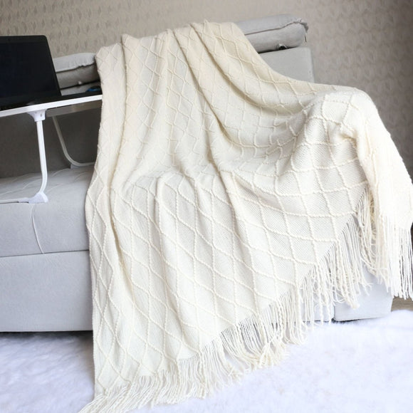 Beige Nordic Knitted Throw Blanket with Tassels 130x230cm Soft Acrylic Diamond Pattern Sofa Cover Bed Runner and Travel Blanket - RnR Galore