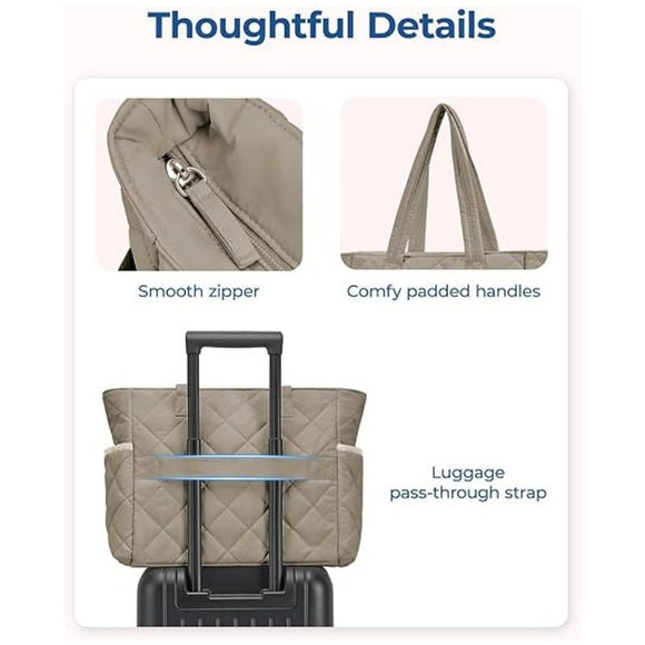 Beige Women's Multi - Pocket Tote Bag - Large Quilted Travel Handbag for Work, Gym, and More - RnR Galore