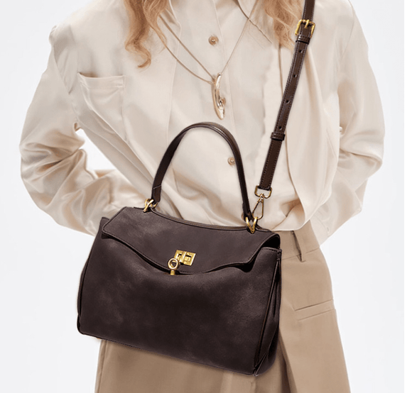 Beige Women's Vintage Suede Satchel Bag - Elegant Top Handle Purse with Gold Lock - RnR Galore