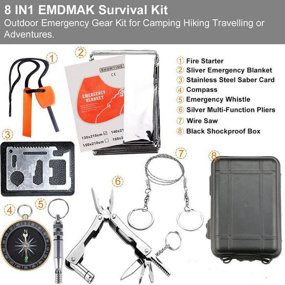 Black 8 - in - 1 Emergency Survival Kit - Compact Outdoor Gear for Camping, Hiking & Car - RnR Galore