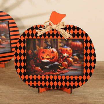 Black and Orange Plaid Pattern Festive Pumpkin Photo Frame - Rustic Halloween Tabletop Picture Holder - RnR Galore