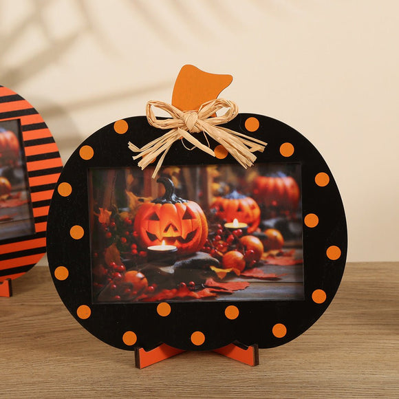 Black and Orange Polka Dot Pattern Festive Pumpkin Photo Frame - Rustic Halloween Tabletop Picture Holder - RnR Galore