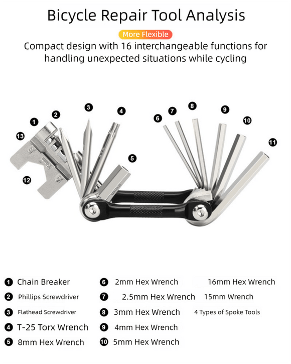 Black and Silver 16 in 1 Bicycle Repair Multi Tool - Compact Folding Bike Tool Kit with Chain Breaker for MTB Road Cycling - RnR Galore