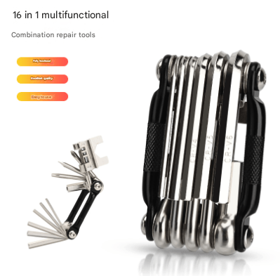 Black and Silver 16 in 1 Bicycle Repair Multi Tool - Compact Folding Bike Tool Kit with Chain Breaker for MTB Road Cycling - RnR Galore