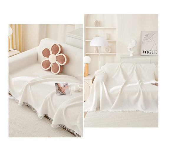 Black and white Ball Pattern Soft Waffle Weave Throw Blanket - Boho Style Cotton Blend Sofa Cover with Fringe 180x180cm - RnR Galore