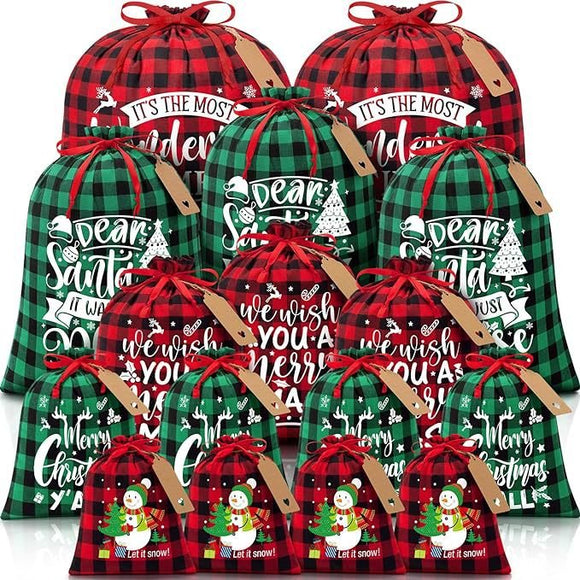 Black and white checkered Christmas Gift Drawstring Bags Set - Festive Burlap Style Pouches for Candy & Apples - Holiday Decoration - 10 Pcs - RnR Galore