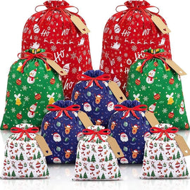 Black and white checkered Christmas Gift Drawstring Bags Set - Festive Burlap Style Pouches for Candy & Apples - Holiday Decoration - 10 Pcs - RnR Galore