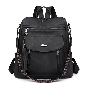 Black Chic Women's PU Leather Convertible Backpack - Anti - Theft Design, Multi - Pocket Shoulder Bag with Tassel - RnR Galore