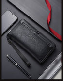 Black Classic Long Zipper Wallet Clutch - Large Capacity PU Leather Phone & Card Holder with Wrist Strap - RnR Galore