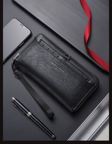 Black Classic Long Zipper Wallet Clutch - Large Capacity PU Leather Phone & Card Holder with Wrist Strap - RnR Galore