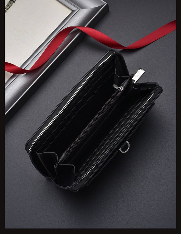 Black Classic Long Zipper Wallet Clutch - Large Capacity PU Leather Phone & Card Holder with Wrist Strap - RnR Galore