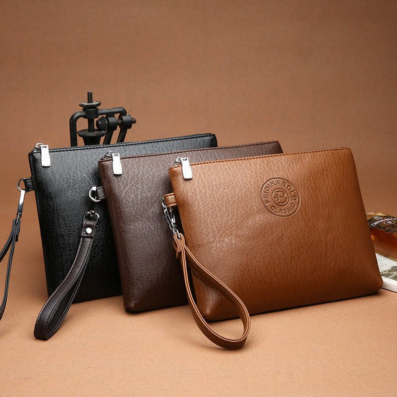 Black Classic Men's PU Leather Clutch Bag - Slim Business Wristlet & Travel Pouch - RnR Galore