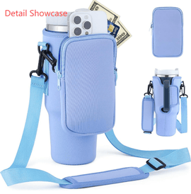 Black Crossbody Tumbler Carrier with Detachable Wallet Pouch and Adjustable Strap - RnR Galore