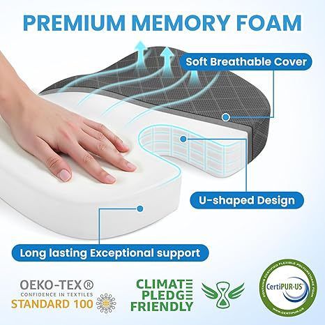 Black Ergonomic Memory Foam U - Shaped Seat Cushion - Breathable Orthopedic Pressure Relief Pillow with ZIpper Cover & Handle (45 x 36 CM) - RnR Galore