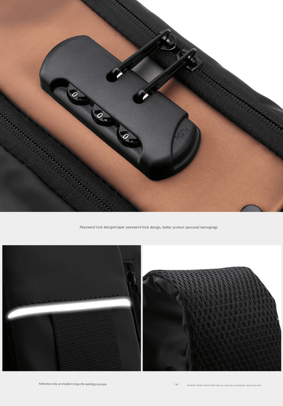 Black Gold Modern Anti - Theft Sling Bag for Men - Crossbody Backpack with USB Port & Combination Lock - RnR Galore