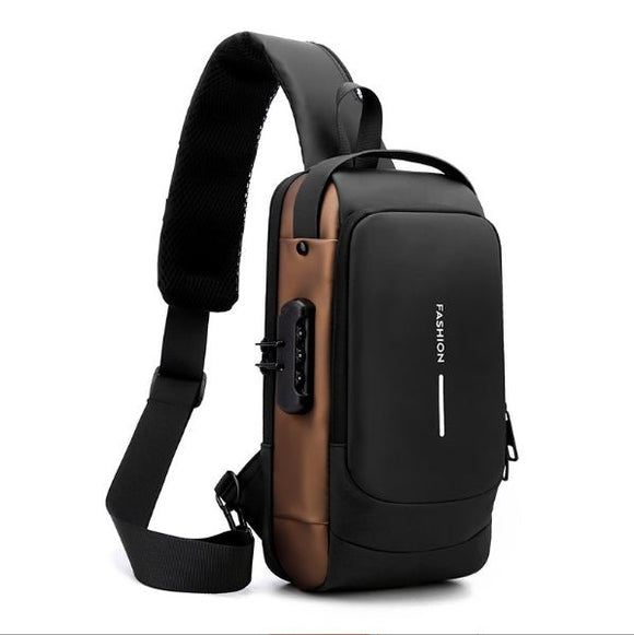 Black Gold Modern Anti - Theft Sling Bag for Men - Crossbody Backpack with USB Port & Combination Lock - RnR Galore
