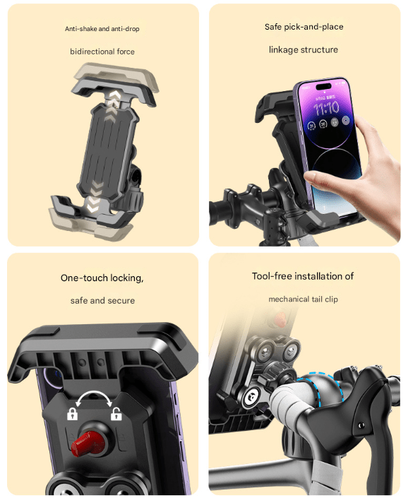 Black Heavy Duty Bike Phone Mount - Anti - Shake Motorcycle Holder with Secure Lock, 360 Rotation Cradle for All - Terrain Cycling - RnR Galore