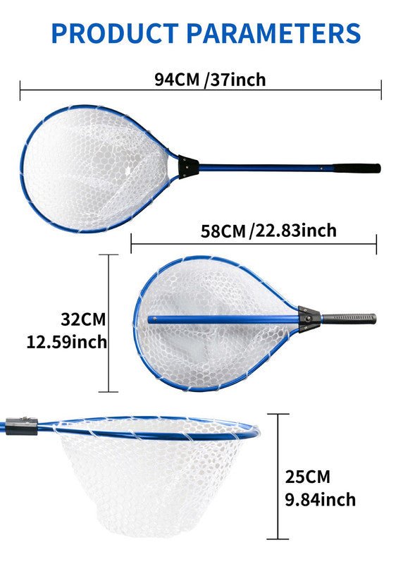 Black High Strength Large Landing Net - Fishing Net with Long Foldable Handle and Soft Rubber Netting, Dip Net for Fishing, Ideal for Boat, Pier, River Angling - RnR Galore