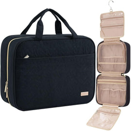 Black Large Capacity Hanging Toiletry Bag for Women(30.5 x 22.5 x 12 cm) - Checked Pattern Waterproof Cosmetic Organizer, Dry/Wet Separation & Multi - Compartment - RnR Galore