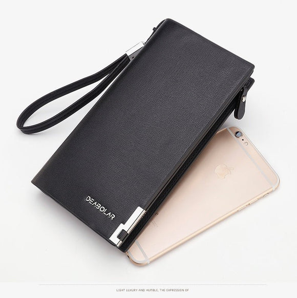 Black Men's Business Casual Long Wallet Clutch - PU Leather Large Capacity Phone & Card Holder with Wrist Strap - RnR Galore