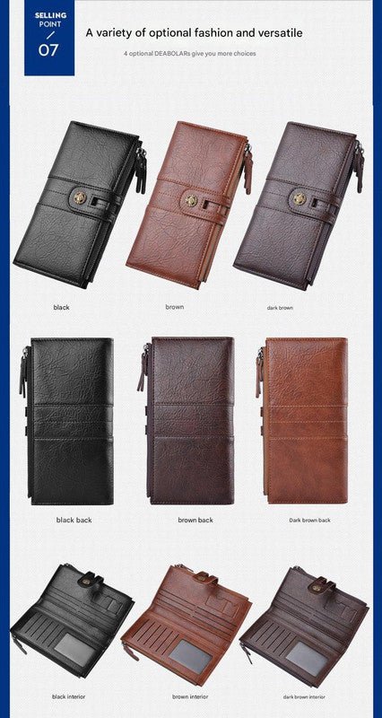 Black Men's Vintage PU Leather Long Wallet - High Capacity Dual Zipper Clutch with Phone & Card Slots - RnR Galore