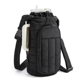 Black Nylon Quilted Insulated Water Bottle Bag for 18 - 64oz Flask - Lightweight Sports & Travel Puffer Shockproof Protective Pouch - RnR Galore