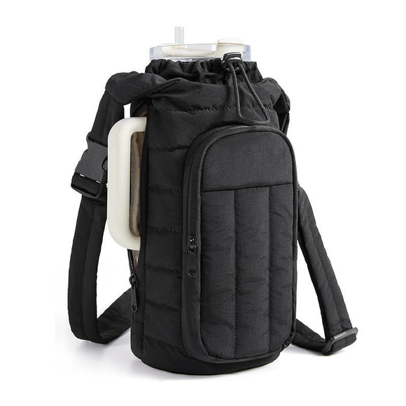 Black Nylon Quilted Insulated Water Bottle Bag for 18 - 64oz Flask - Lightweight Sports & Travel Puffer Shockproof Protective Pouch - RnR Galore