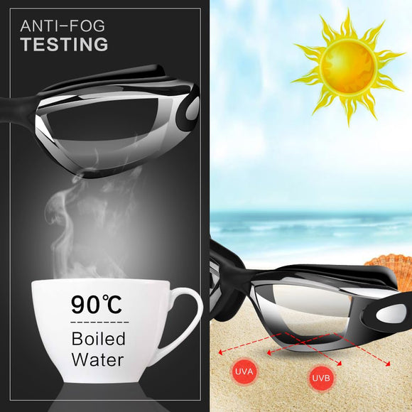 Black Swim Goggles Set with Cap, Nose Clip, Earplugs & Case: Anti - Fog UV Protection for Men & Women - RnR Galore