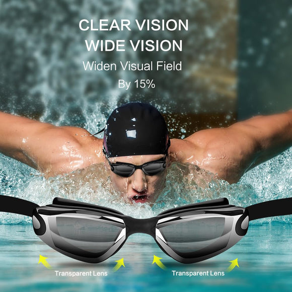 Black Swim Goggles Set with Cap, Nose Clip, Earplugs & Case: Anti - Fog UV Protection for Men & Women - RnR Galore