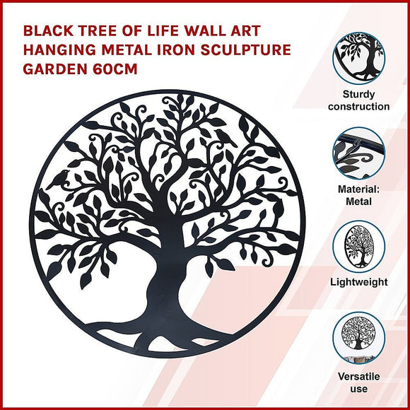 Black Tree of Life Wall Art Hanging Metal Iron Sculpture Garden 60cm - RnR Galore