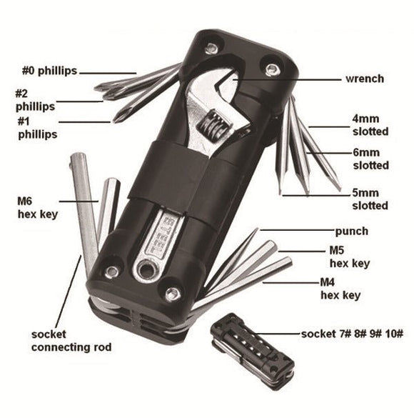 Black Versatile 16 - in - 1 Bike & Motorcycle Multi - Tool - Portable Repair Kit with Adjustable Wrench - RnR Galore