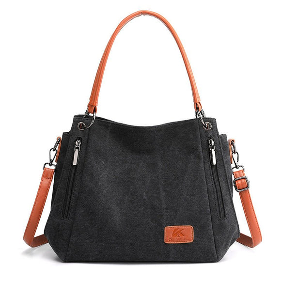Black Women's Canvas Hobo Handbag Large Shoulder Tote Bag Adjustable Crossbody Strap Casual Purse 40cm for Work School Travel - RnR Galore