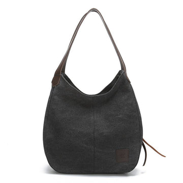 Black Women's Canvas Hobo Handbag Multi - Compartment Shoulder Tote Bag Minimalist Casual Purse 30cm for Work Shopping & Travel - RnR Galore