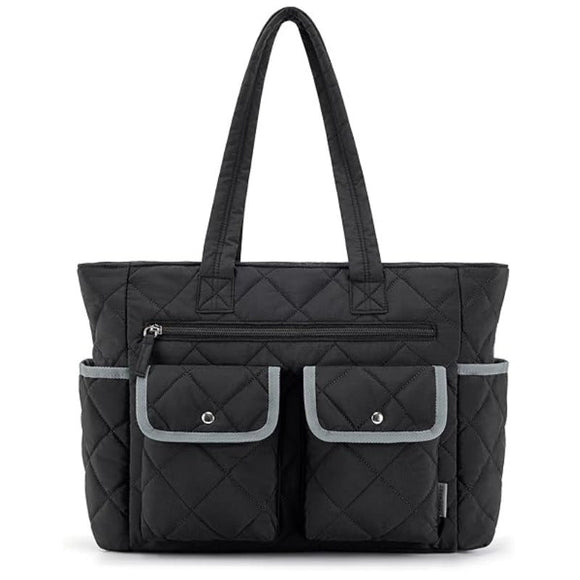 Black Women's Multi - Pocket Tote Bag - Large Quilted Travel Handbag for Work, Gym, and More - RnR Galore