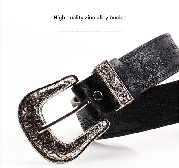 Black Women's Western Style Embossed Belt 2 Pack Vintage PU Leather Waistband with Antique Silver Buckle for Jeans and Dresses Y2K Fashion - RnR Galore