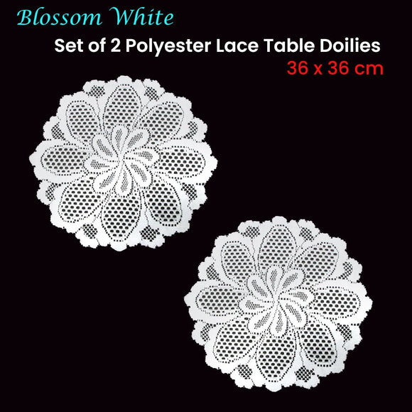Blossom White Set of 2 Polyester Lace Table Doilies 36 cm Diameter - RnR Galore