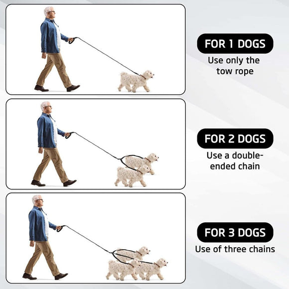 Blue 3 - in - 1 Tangle - Free Dog Leash for 1 - 3 Dogs - Heavy Duty Bungee Coupler with Reflective Stitching & Padded Handle - RnR Galore