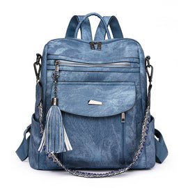 Blue Chic Women's PU Leather Convertible Backpack - Anti - Theft Design, Multi - Pocket Shoulder Bag with Tassel - RnR Galore
