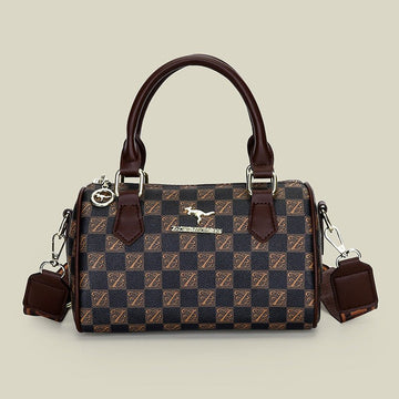 Brown checkered pattern Stylish PU Leather Boston Bag - Elegant Retro Single Shoulder Crossbody Handbag for Women - RnR Galore