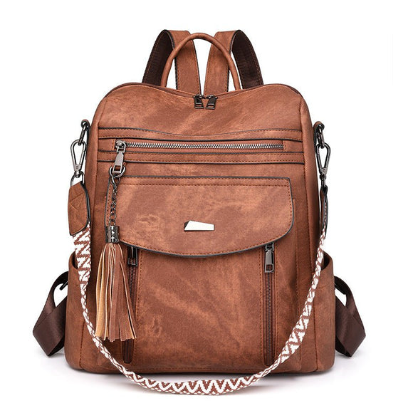 Brown Chic Women's PU Leather Convertible Backpack - Anti - Theft Design, Multi - Pocket Shoulder Bag with Tassel - RnR Galore