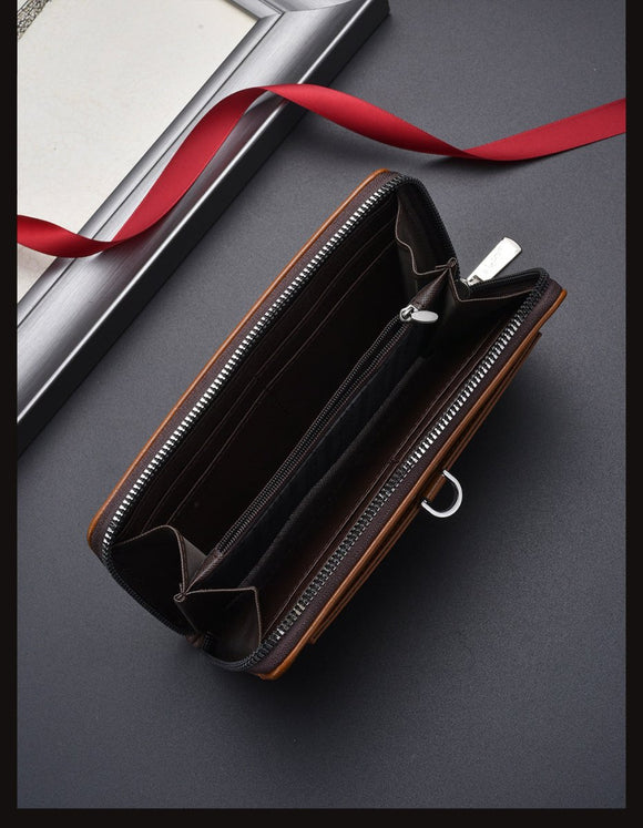Brown Classic Long Zipper Wallet Clutch - Large Capacity PU Leather Phone & Card Holder with Wrist Strap - RnR Galore