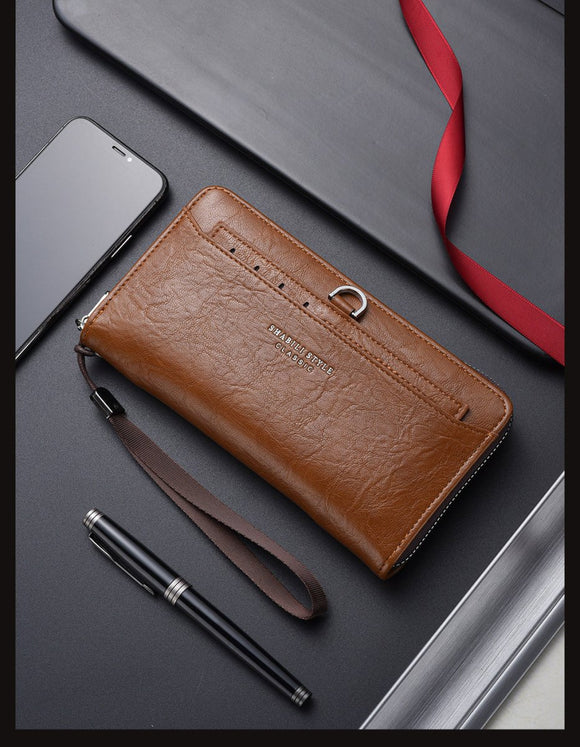 Brown Classic Long Zipper Wallet Clutch - Large Capacity PU Leather Phone & Card Holder with Wrist Strap - RnR Galore