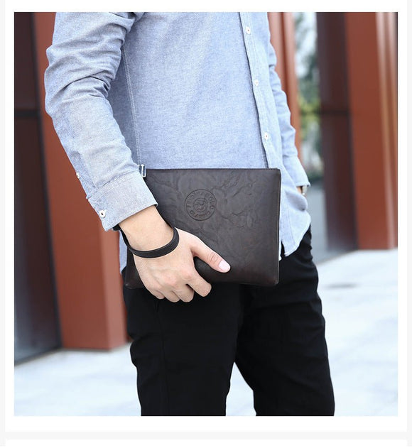 Brown Classic Men's PU Leather Clutch Bag - Slim Business Wristlet & Travel Pouch - RnR Galore