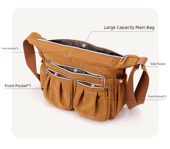 Brown Multi - Pocket Lightweight Nylon Crossbody Bag – Stylish, Functional, and Spacious Shoulder Bag for Women - RnR Galore