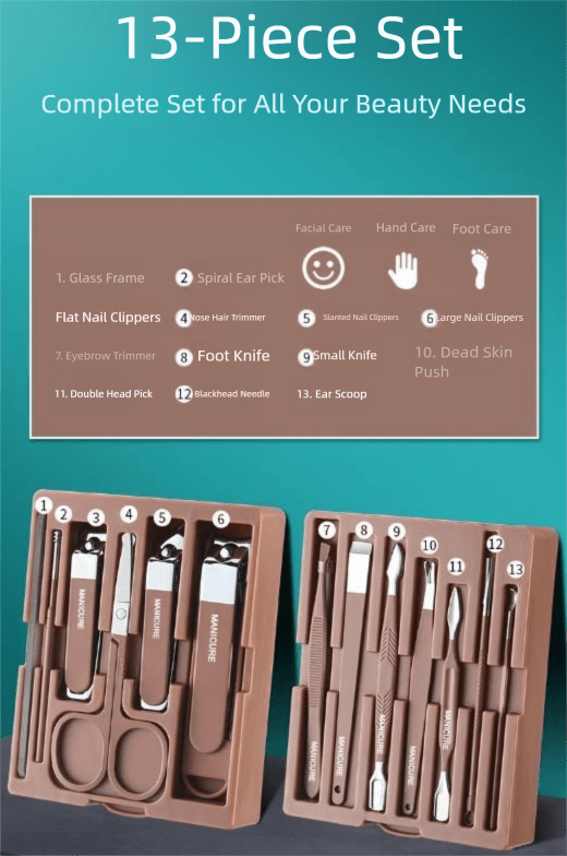Brown Premium 13 - in - 1 Manicure & Grooming Kit - Professional Carbon Steel Pedicure Set with Dual - Drawer Case & Mirror - RnR Galore