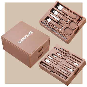Brown Premium 13 - in - 1 Manicure & Grooming Kit - Professional Carbon Steel Pedicure Set with Dual - Drawer Case & Mirror - RnR Galore