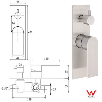 Brushed Nickel Silver Square Stylish 1/2inch Shower Mixer Diverter 2 Way Switch - RnR Galore