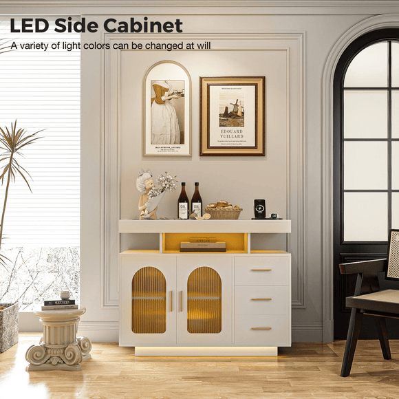Buffet Sideboard Cabinet With RGB LED Light and Charging Station Console Coffee Bar White - RnR Galore