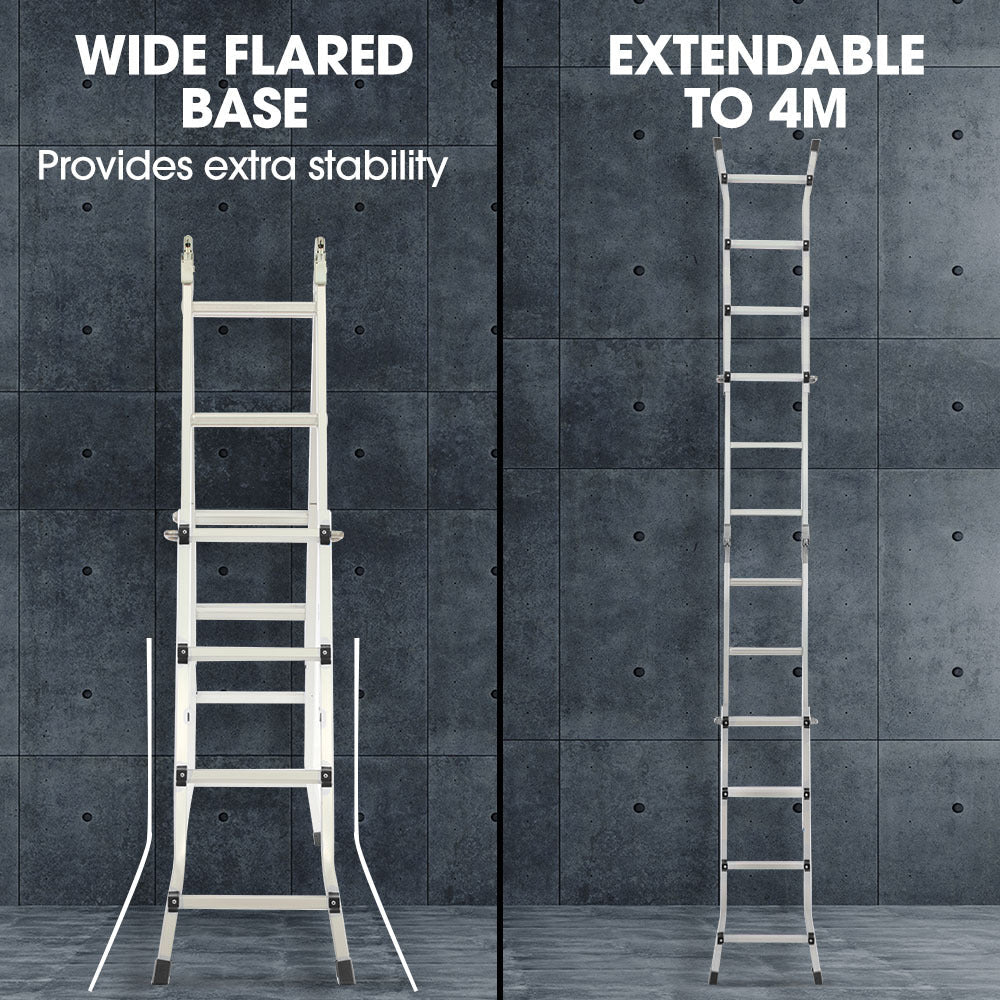 Bullet 4m Folding Aluminium Multipurpose Ladder, w/ Workshelf Platform ...
