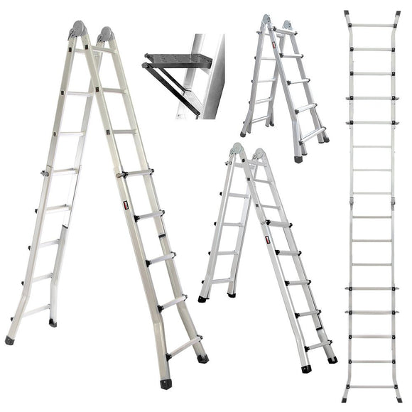 Bullet 5.1m Folding Aluminium Multipurpose Ladder, w/ Workshelf Platform, Spring Assisted Rapid Safety Lock Adjusters - RnR Galore
